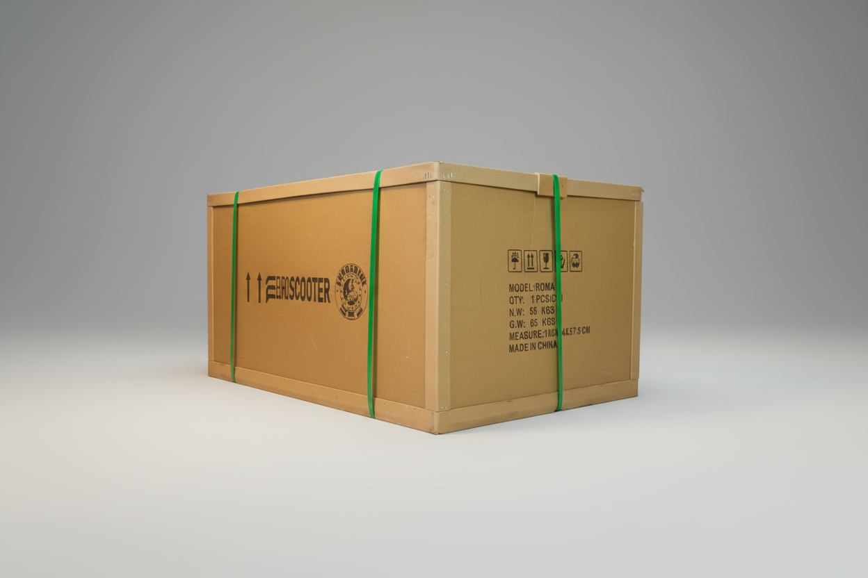 Cardboard box with green straps on a white background