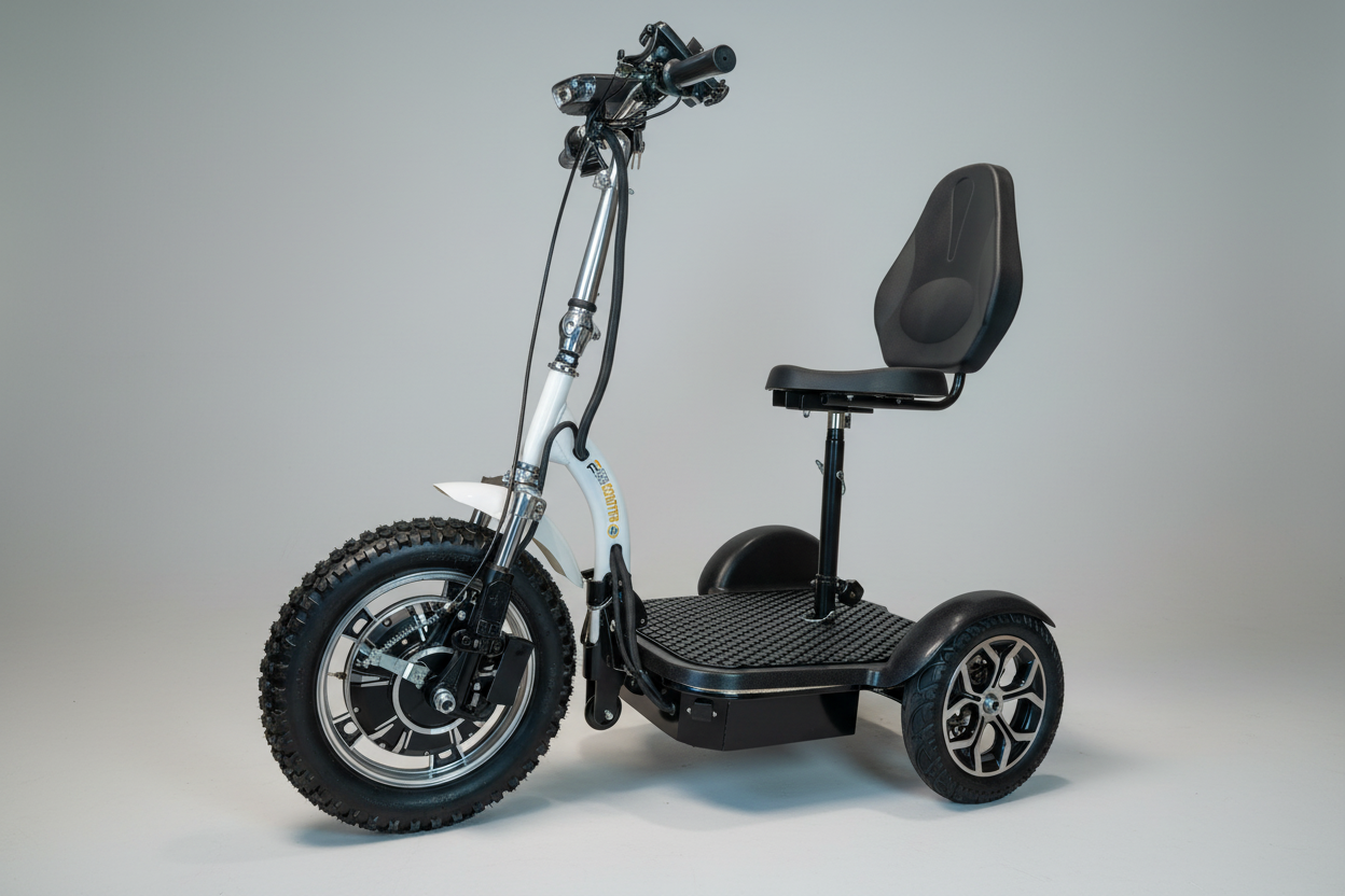 Three-wheeled mobility scooter with a seat on a white background