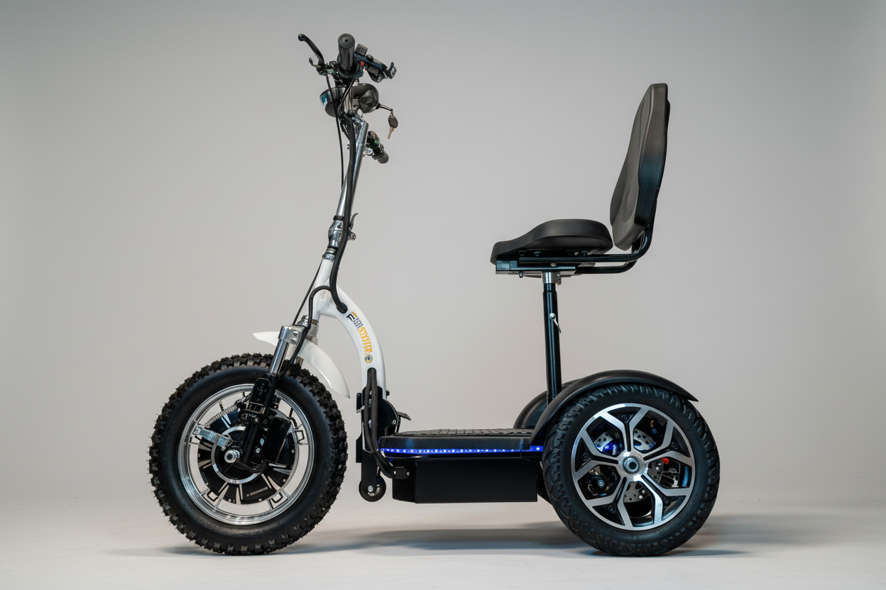Three-wheeled mobility scooter with a seat on a white background