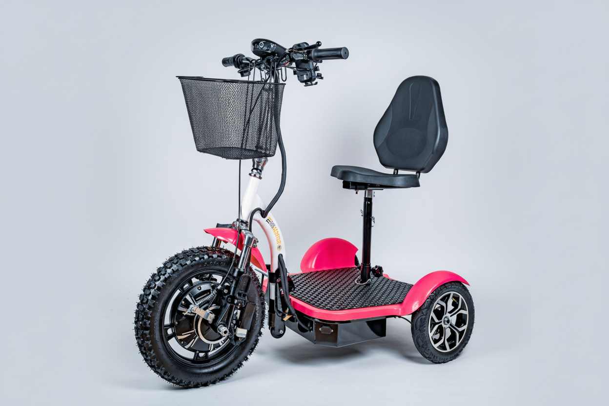 Pink and black three-wheeled mobility scooter with a basket and seat on a white background