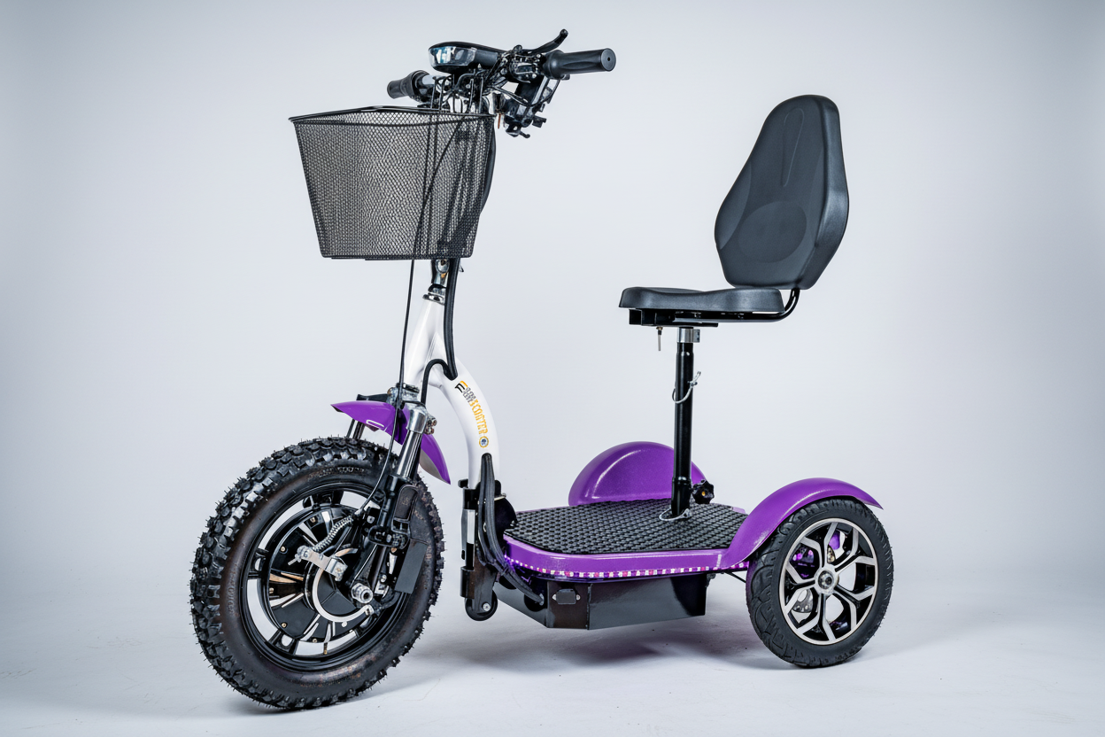 Purple and white three-wheeled mobility scooter with a basket and seat on a white background