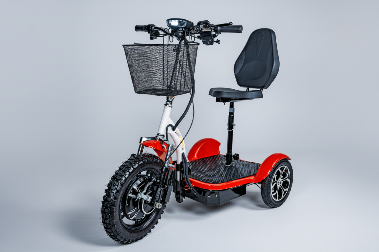 Three-wheeled mobility scooter with a basket and seat on a white background
